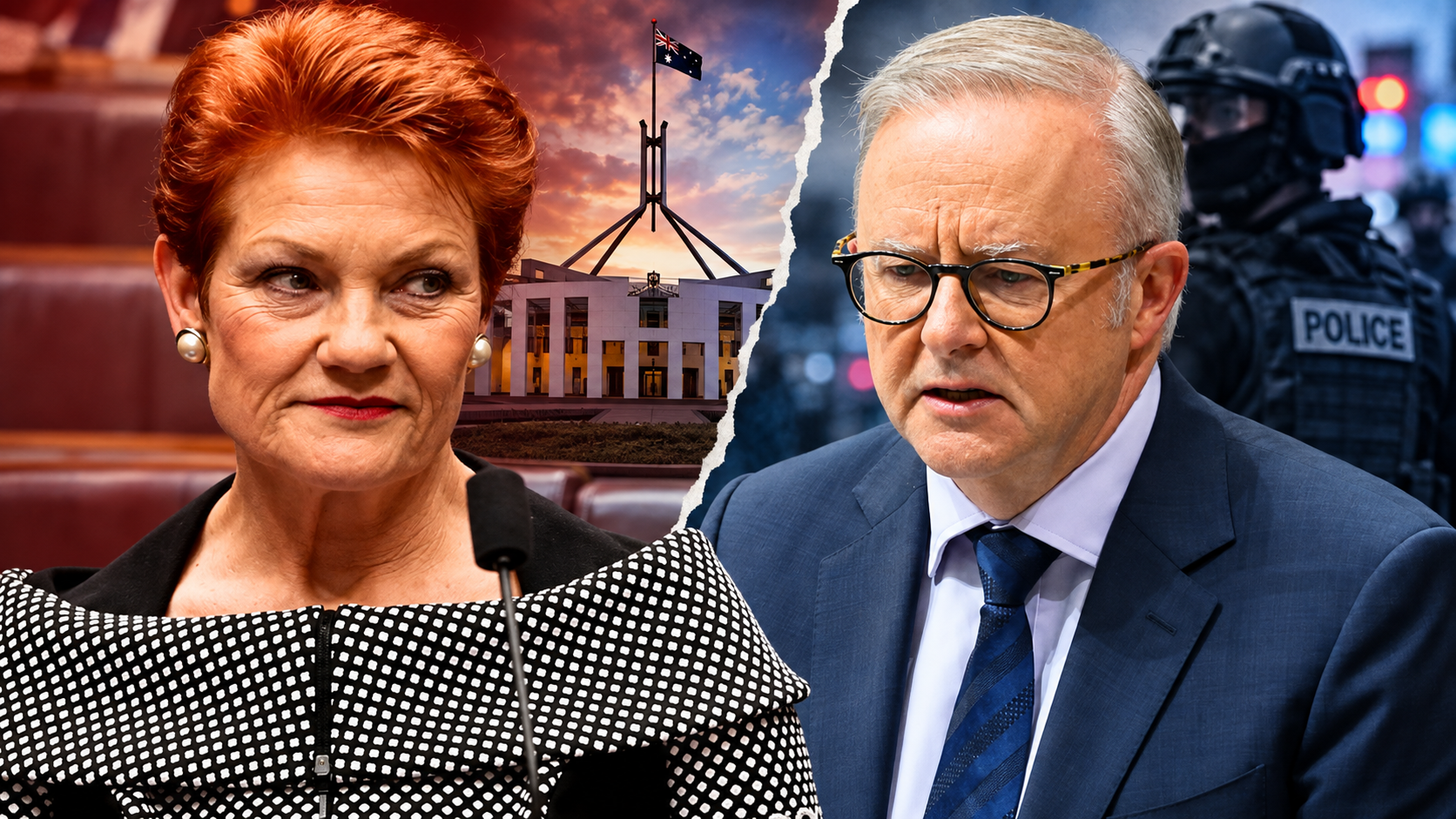 Editorial composite showing One Nation leader Pauline Hanson and Prime Minister Anthony Albanese on opposite sides of a torn divide, with Australian Parliament House and a police officer in the background.