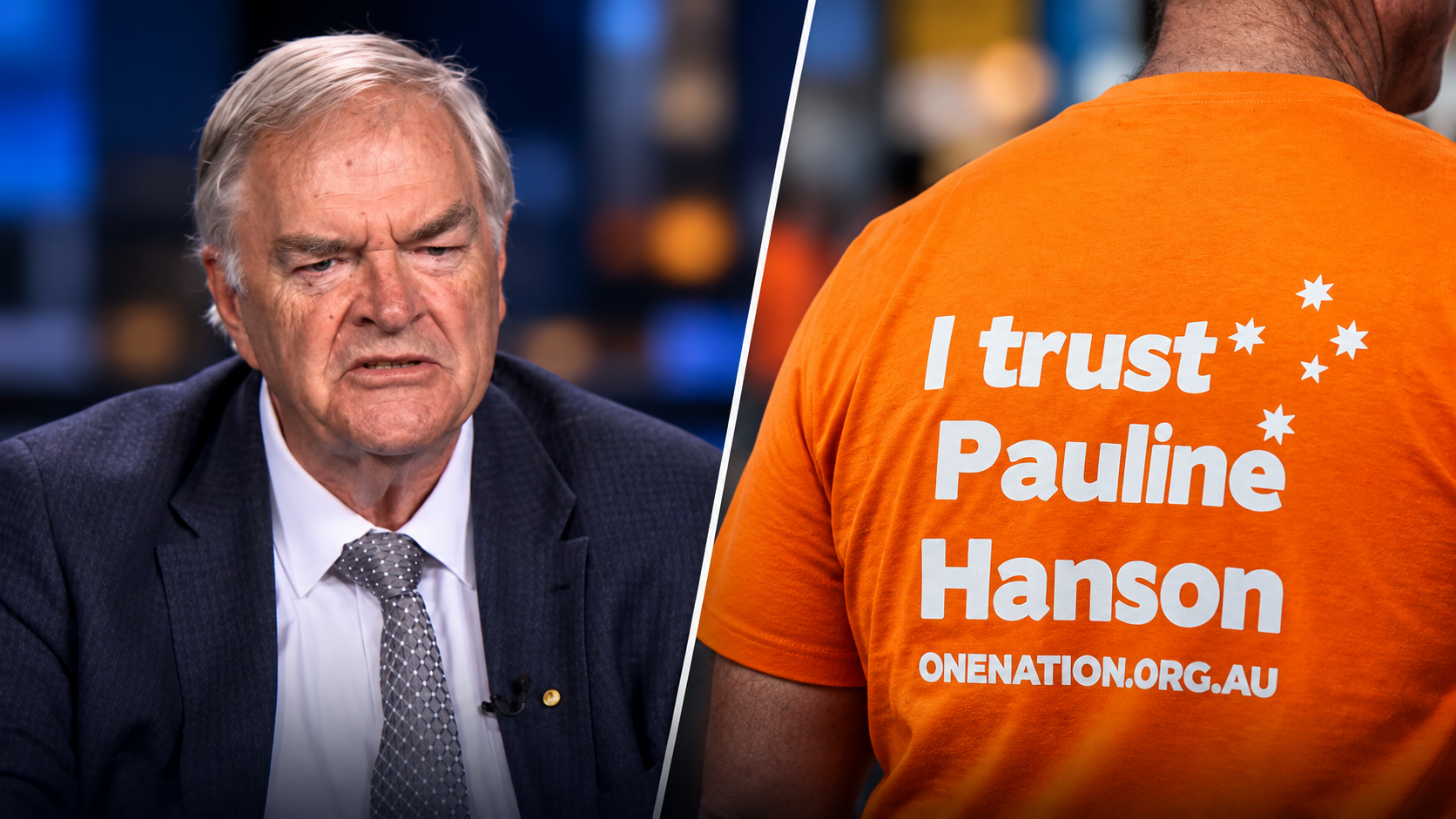 Older male politician speaking during a television interview alongside a supporter wearing a bright orange One Nation T-shirt displaying the words “I trust Pauline Hanson.”