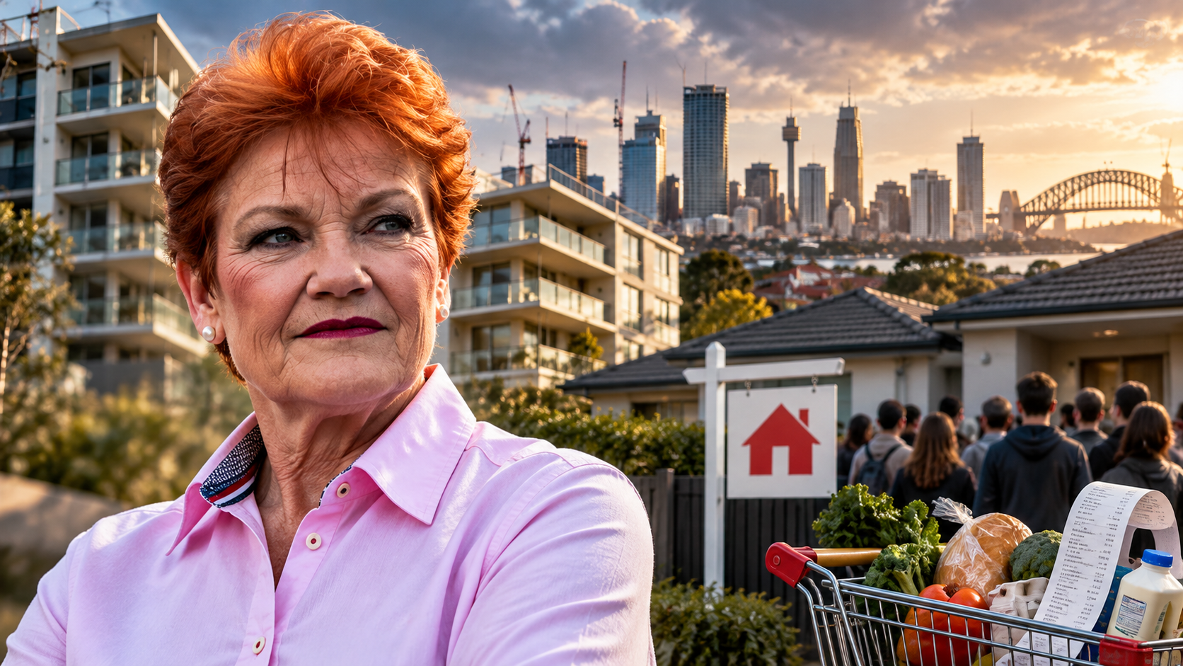 Smiling red-haired woman in a light pink button-up shirt standing outdoors, used in a political news graphic about housing, immigration and cost-of-living policy.