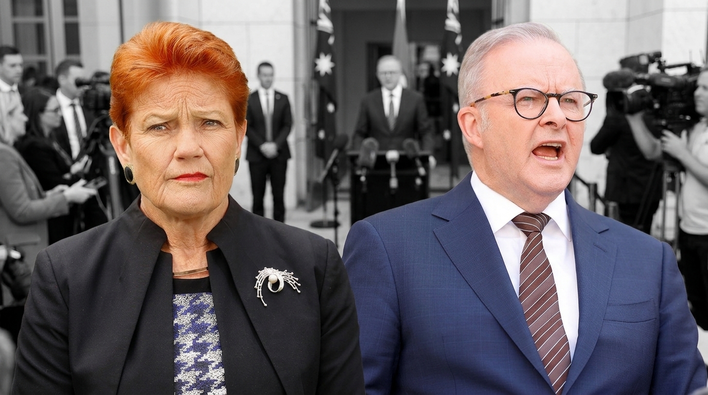 Two senior politicians speaking to media outside Parliament House; one addresses cameras while the other looks on amid a crowd of reporters and photographers.