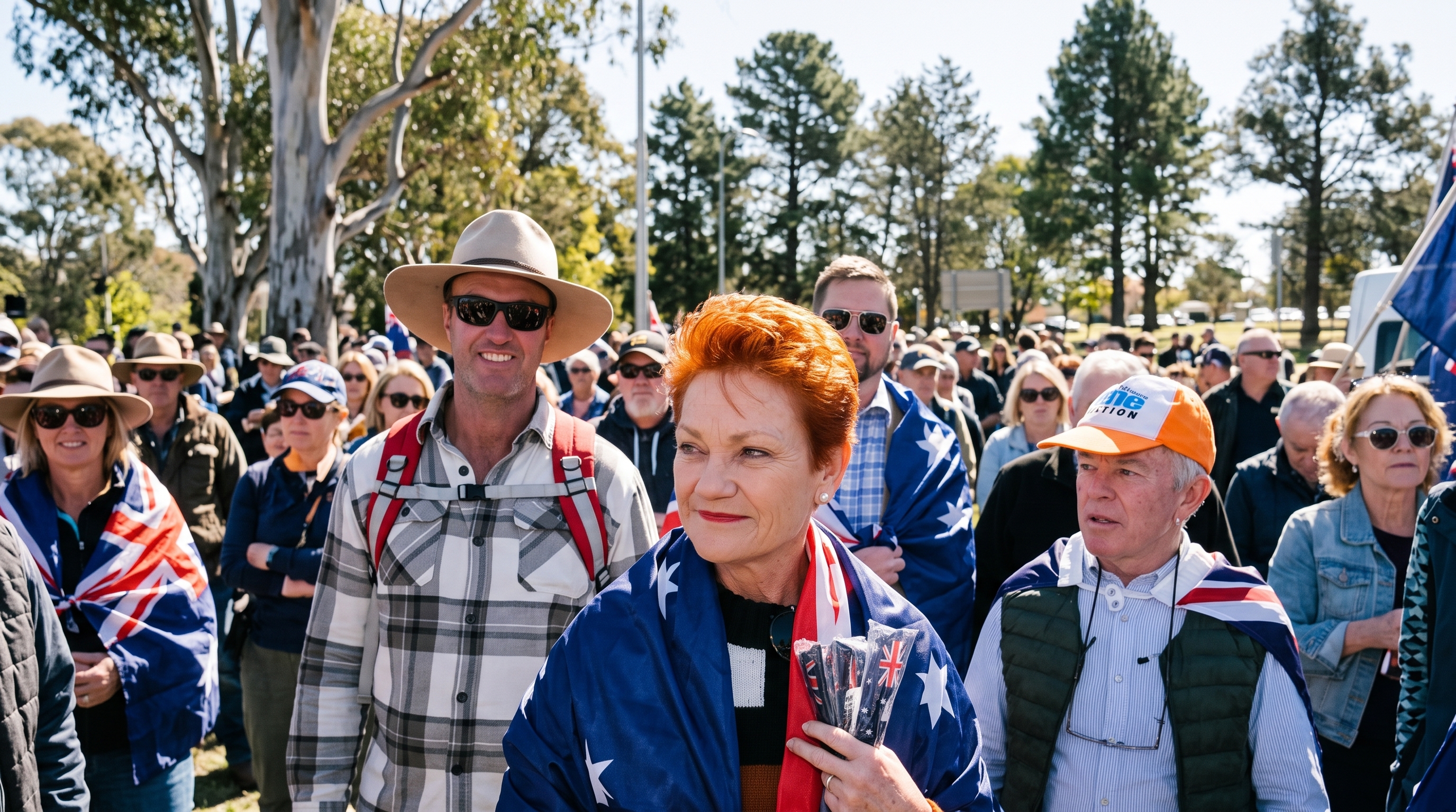 Outdoor regional political rally with a crowd of people wearing hats and Australian flags; a red-haired woman wrapped in a flag is visible in the foreground.